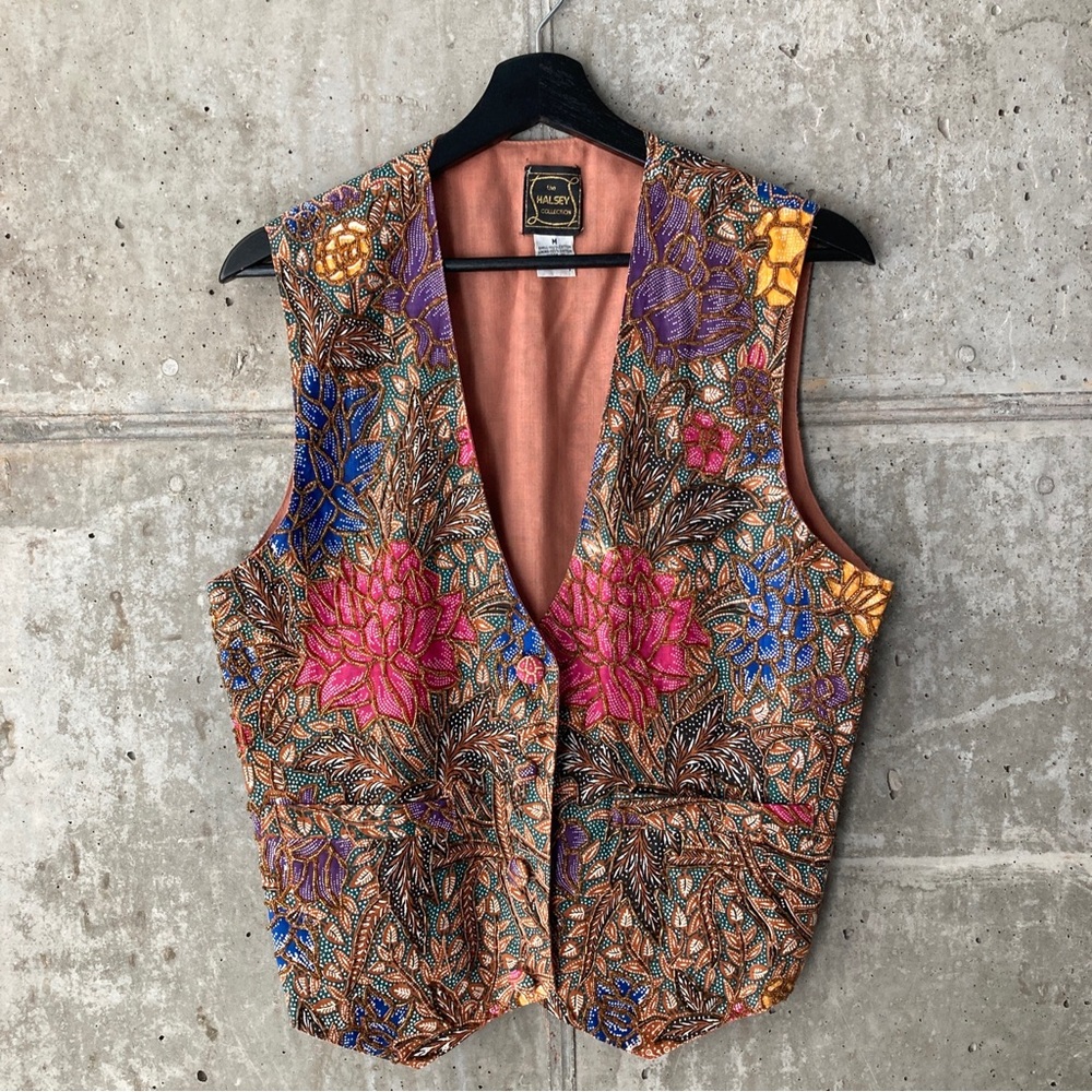 Woman’s VTG 90’s Beaded Vest Size Medium Buttons 100% Cotton Halsey Collection